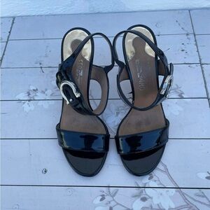 Salvatore Ferragamo Black Patent Leather Open-Toe Ankle Strap Heels